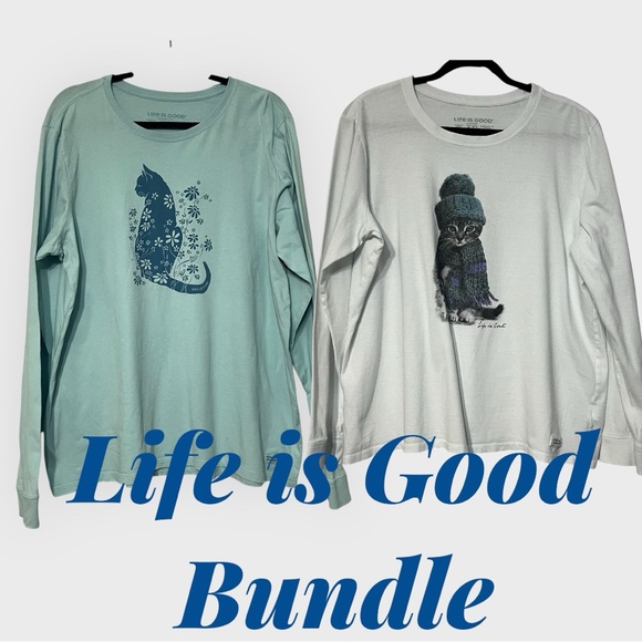 Life Is Good Tops - Life Is Good Woman’s Long Sleeve Cat Crusher Tees Bundle Blue - White Size XXL